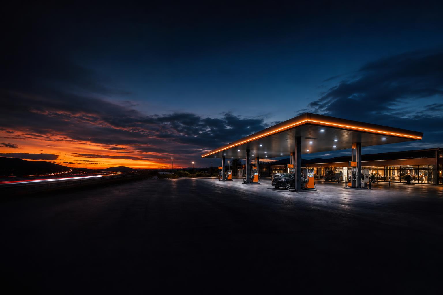 Moderne Tankstelle an der Autobahn bei Sonnenuntergang